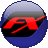 Pixelated circular icon with blue outer ring, gray middle band, and red stylized 'FX' symbol on black background.