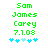 Green pixelated text reads Sam James Corey 7.1.08 above blue and light-blue star-like symbols on white background.