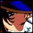 Pixelated anime-style character with blue beret and white shirt, side profile against black background with text elements.