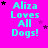 Bright pink background with cyan text reading "Aiza Loves All Dogs!" repeated in a , surrounded by small black and purple stars