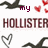 Animated icon with repeated 'HOLLISTER' text, dark bird silhouettes, red hearts, and 'my addiction' text in purple.