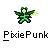 Pixelated green fairy-like figure with outstretched arms holding a yellow star, below text reading "PixiePunk" in blocky font.