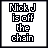 Pixelated text 'Nick J is off the chain' with color variations and small pink hearts on white background.