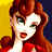 A pixelated cartoon-style image of a woman with red hair and green eyes wearing a red dress, positioned next to green text reading "Original Icons .com" on a dark background.