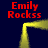 Animated icon with four instances of red text "Emily Rockss" surrounding a yellow glowing rectangular frame on dark blue background.
