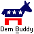Pixelated donkey silhouette with blue upper body, white stars, red lower body, and gray background; text 'Dem Buddy' below.