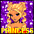 Pixel art contact sheet of a blonde cartoon character with blue eyes and pigtails, displayed across three frames showing text color variations against a purple starry background.