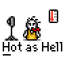 Animated pixel art contact sheet showing four frames of a character sweating next to a fan and thermometer with "Hot as Hell" text.