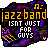 Six variations of a pixelated graphic with 'jazz band ISNT JUST FOR GUYS' text, musical notes, and abstract shapes in purple, yellow, orange, green, and black.