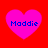 Four pink hearts on red background with blue text 'Maddie' inside each heart, arranged in a