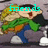 Animated cartoon character with blonde hair and green scarf, wearing blue pants and white shoes, in a dynamic pose against gray background.