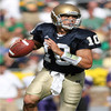 A football player in a dark jersey and gold pants holds a football, wearing a gold helmet and white wristband, with a blurred crowd in the background.