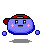Pixelated blue character with red cap, pink cheeks, and gray shadow; four distinct poses show varying expressions and limbs.