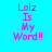 Pixelated text 'Lolz Is My Word!!' in pink on cyan background with blue rectangular overlays shifting across the