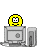 A 4x4 contact sheet of a yellow cartoon character with changing expressions and gestures in front of a gray computer monitor, displayed on a light gray background.