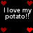 Pixelated black background with red heart symbols and repeated white text 'I love my potato!!' in a