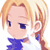 Pixelated anime-style character icon with blonde hair and blue clothing, static single-frame image on white background.