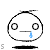 Pixelated circular face with two round eyes, a straight mouth, and one blue tear drop on the right side.