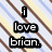 Pixelated text on a striped background: 'i love brian.' and '3.14.08' in black block letters with white fill.