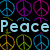 six distinct peace symbol designs with varied color schemes and backgrounds, including text overlays and artistic effects