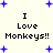 Pixelated text "I Love Monkeys!!" appears in two with blue plus signs scattered on a light background, showing animation changes between frames