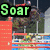 four pixelated images showing horse-riding scenes with green text labels 'Soar', 'High', and 'Stables' over various backgrounds