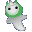 Pixelated green and white character with black eyes in six sequential poses showing arm movements against gray background.