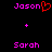 Pixelated text displays 'Jason' with a red heart symbol and 'Sarah' below, separated by a pink plus sign on a black background.