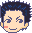 Six pixel-art character faces with dark blue spiky hair, light skin, and pink cheeks arranged in two of three on a gray background