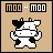 Pixelated cow icon with black-and-white patches, four distinct poses showing arm and head movements against a tan background.