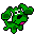 Green cartoon dog with pink mouth and white eyes appears in multiple poses across a , some frames showing blue belly patches or 'ZU' text above the head