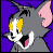 Pixelated cartoon cat face with gray fur, yellow eyes, white muzzle, and pink inner ears against a solid purple background.