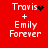 Red background with white text 'Travis + Emily Forever' in four quadrants, each showing different pixelated black symbols replacing the heart or star.