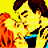 Pixelated static image of two figures kissing against a bright yellow background with orange-red flame-like shapes on the left side.