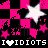 Pixelated icon with pink and black checkered background, white star, pink stars, and text reading "I ♡ IDIOTS" at bottom.