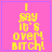 Four identical pink square with purple borders display yellow pixelated text reading "I SAY IT'S OVER! BITCH!" each contains a distinct small symbol in the bottom-right corner
