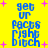 Yellow background with blue pixelated text reading 'get ur pacs right bitch' and pink plus signs scattered throughout, animated with subtle text and plus sign movement.