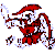 Pixelated red and black figure with multiple limbs and a curved head, surrounded by light blue pixel clusters on white background.
