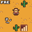 Pixel art scene with orange background showing a cowboy character, two cacti, and bar graph elements.