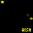 Pixelated yellow text and stars on black background with gray rectangle in bottom-right corner.