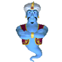 Blue genie-like figure with white turban and red vest performs sequential hand gestures against gray background.