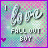Animated contact sheet of 14 frames showing a pixelated icon with 'Love' text, 'FALL OUT' and 'BUY' text, pink hearts, and color variations across frames on a purple-bordered grid.