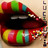 A pixelated close-up of lips with a rainbow gradient outline, dark interior, and scattered white highlights on a light beige background.