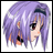 Pixelated anime-style character with purple hair and dark eyes, side profile against white background, next to black with white text