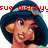 Pixelated image of a character with blue headscarf and goggles, red text overlays, and a grayed-out section.