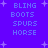 Pixelated text reads BLING, BOOTS, SPURS, HORSE in two vertical on a purple background with white starbursts