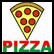 Pixelated pizza slice with pepperoni toppings on white background, red and green 'PIZZA' text below; blue 'I Love PIZZA' text on black background.
