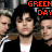 Animated contact sheet of a person in black jacket and white shirt with repeated "GREEN DAY" text overlay across multiple frames showing subtle facial expression changes.