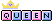 Pixel art of the word 'QUEEN' repeated in three , each with a yellow crown above it on gray background