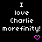 Black background with white pixelated text reading "I love Charlie morefinity!" and two pink heart symbols below the text.